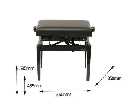 Black adjustable GPPD hydraulisch bench shown front view with dimensions 560mm wide, 595mm high, and 350mm deep