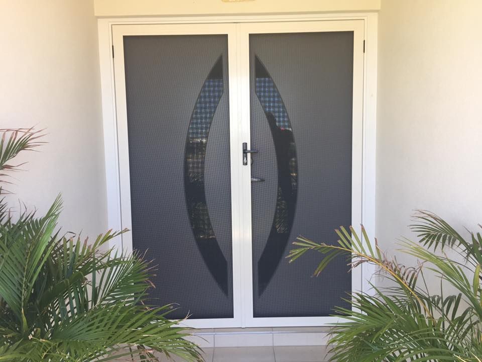 White Double Screen Doors With a Black Mesh, Patterned Design — All Security Screens & Repairs In Bungalow, QLD