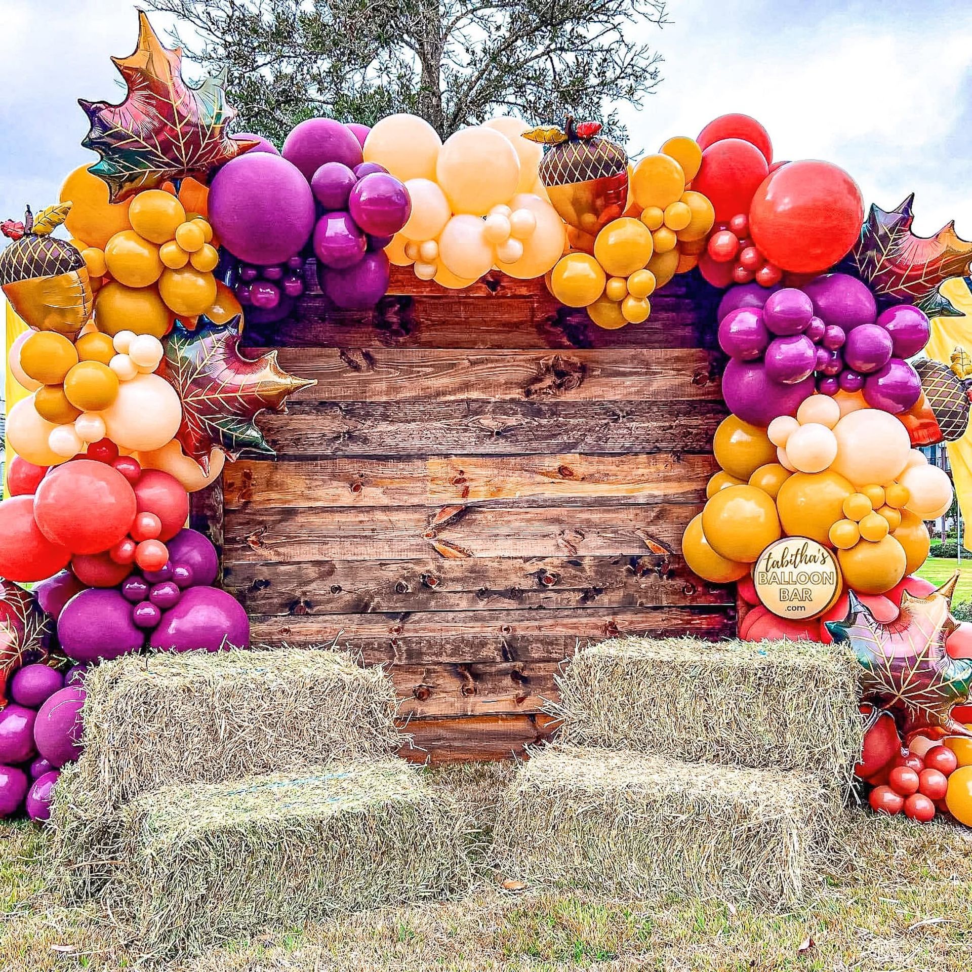 Hay bales before a rustic wood backdrop, framed by colorful balloon garlands in a festive outdoor setup