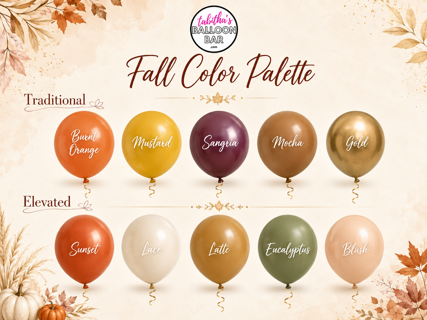 Fall color palette with gold, rust, burgundy, olive, cream, and beige balloons on a light background