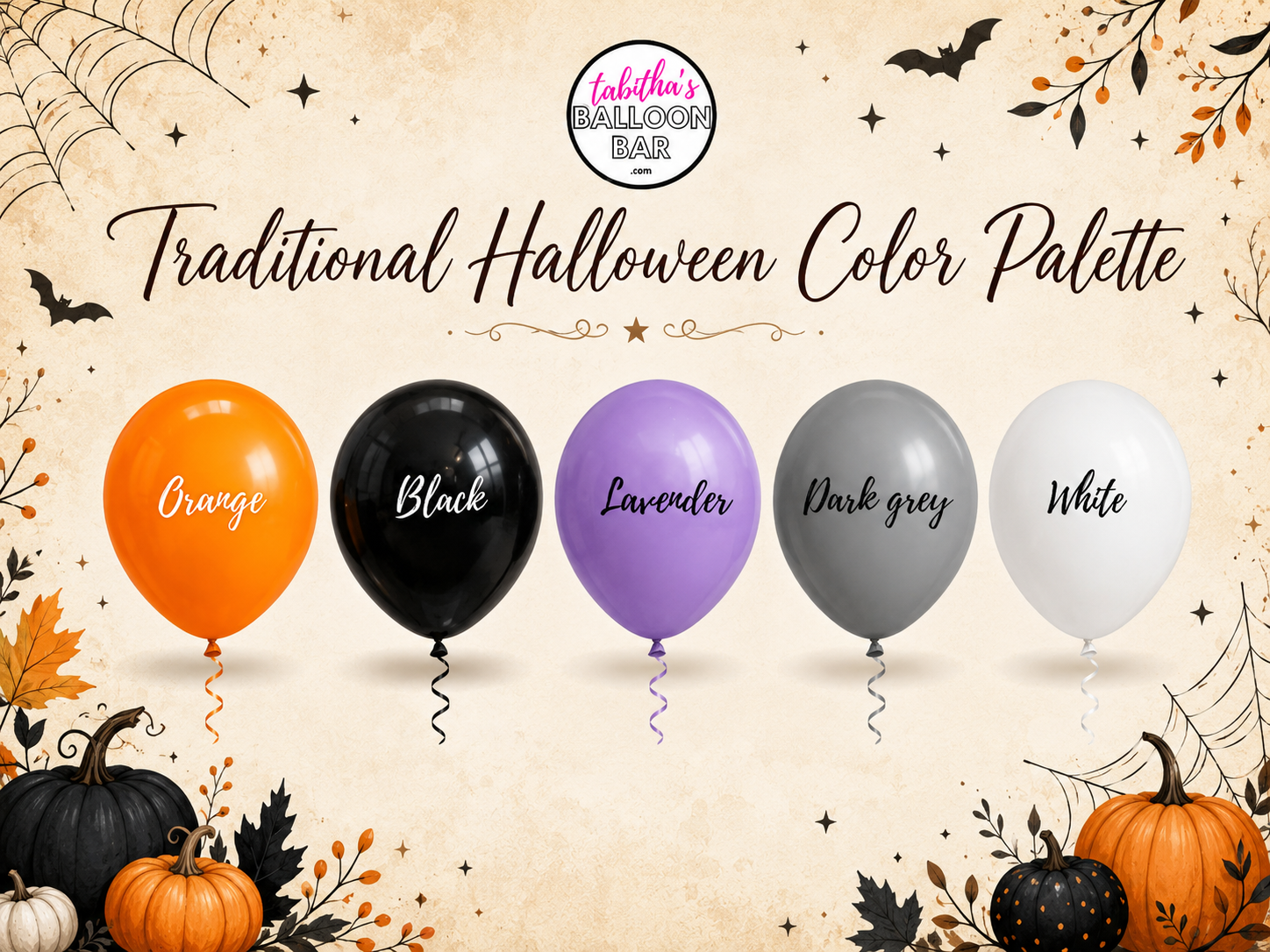 Traditional Halloween color palette with orange, black, lavender, dark gray, and white balloons and pumpkins