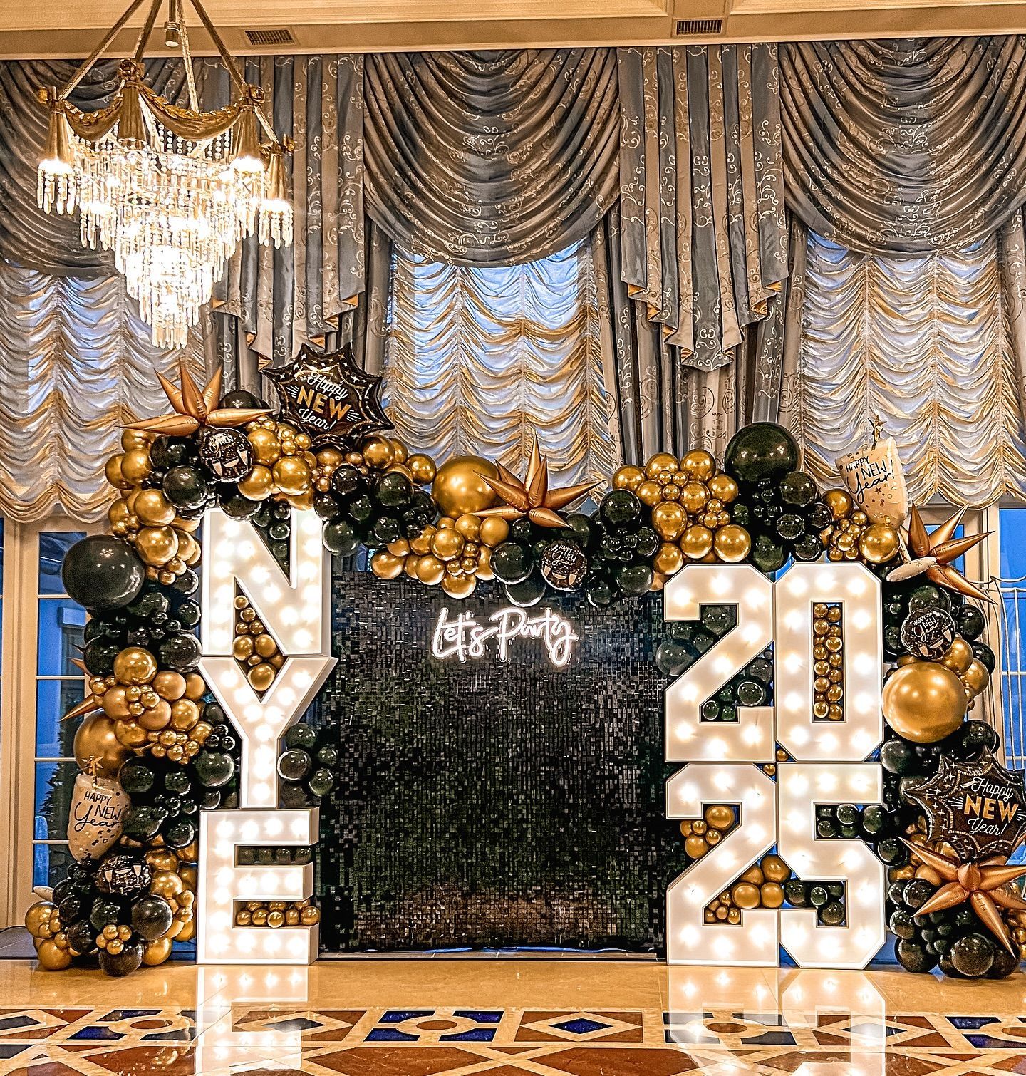 Party setup with gold balloons and