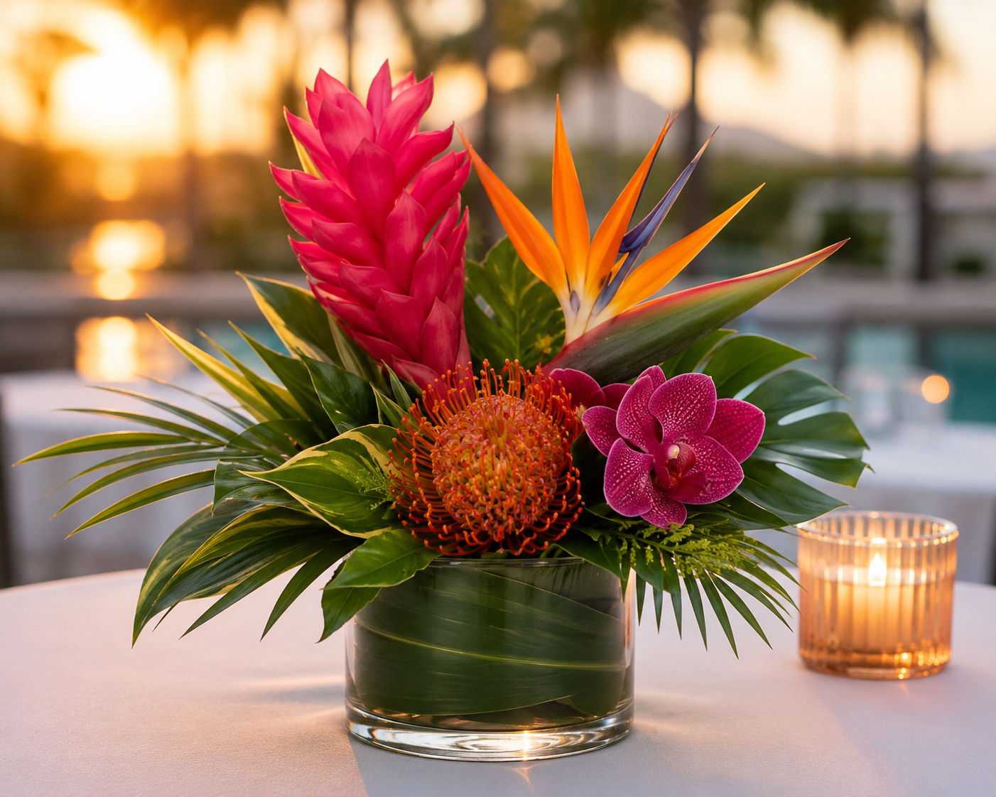 Creating tropical floral arrangements for corporate events. Tropical flower arrangement in a glass vase beside a lit candle on a sunset-lit table