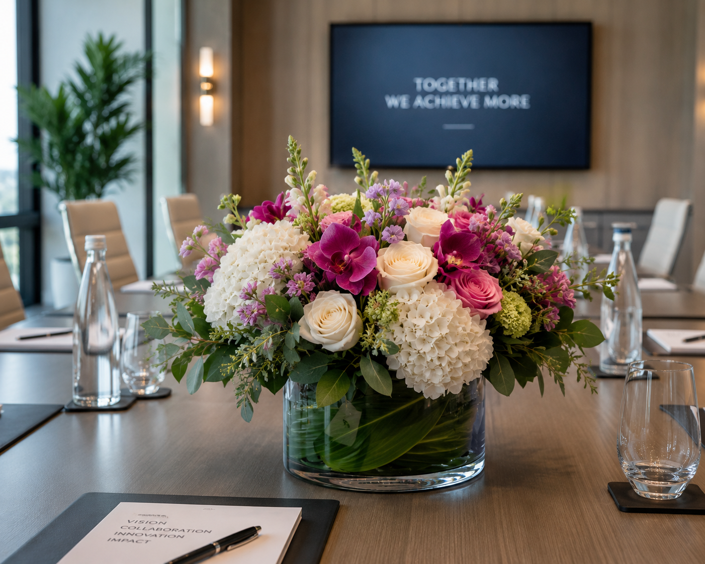 Flower centerpiece on a conference table with a wall sign reading “Together We Achieve More”