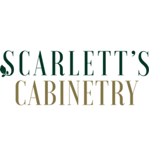 Logo for Scarlett's Cabinetry, in dark green and gold. Text reads