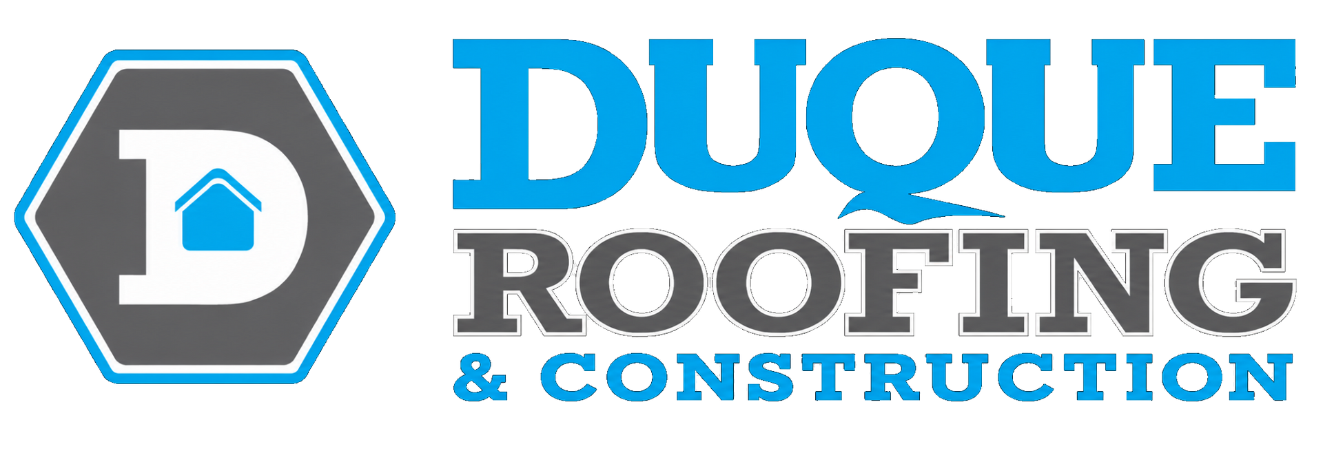 Logo of Duque Roofing. Grey hexagon with a white "D" and a blue house. "DUQUE" in blue and "ROOFING" in grey.
