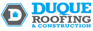 Logo of Duque Roofing. Grey hexagon with a white "D" and a blue house. "DUQUE" in blue and "ROOFING" in grey.