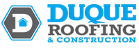 Logo of Duque Roofing. Grey hexagon with a white "D" and a blue house. "DUQUE" in blue and "ROOFING" in grey.
