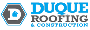 Logo of Duque Roofing. Grey hexagon with a white "D" and a blue house. "DUQUE" in blue and "ROOFING" in grey.