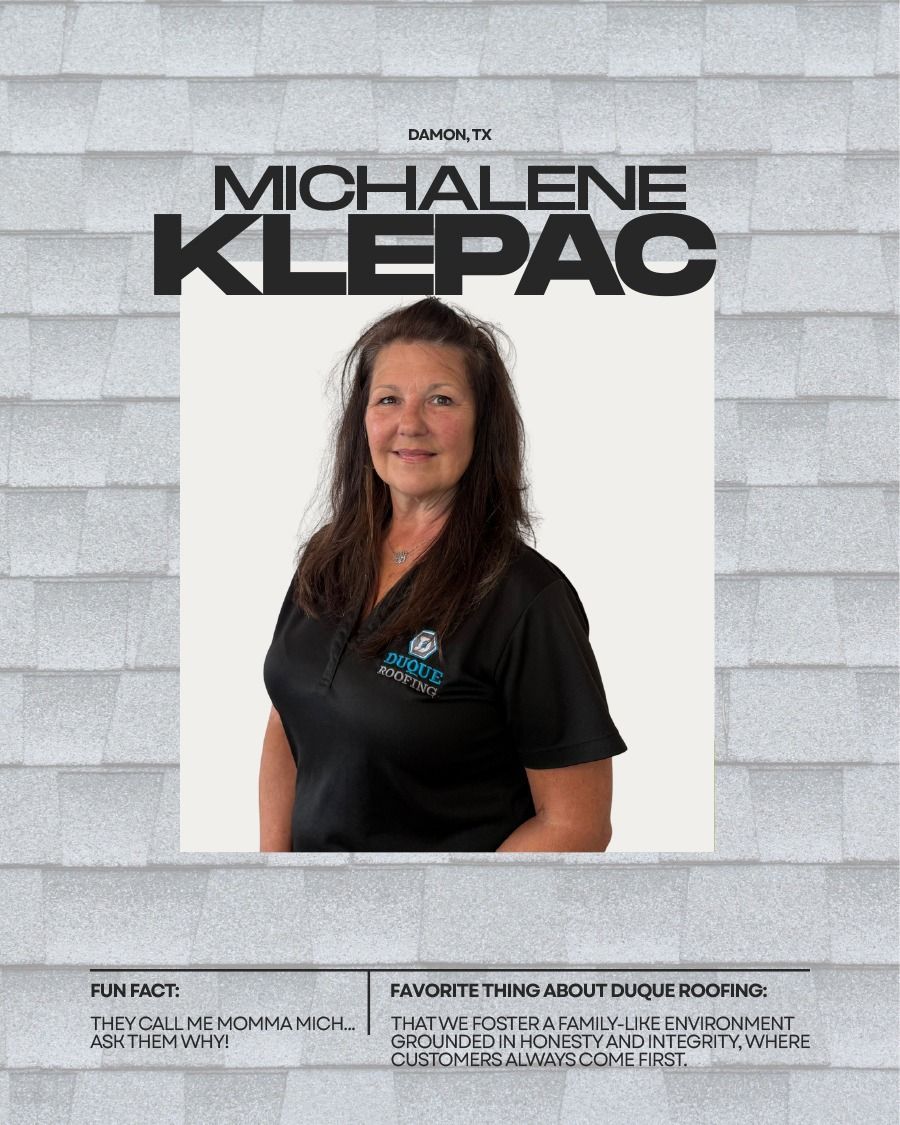 Michalene Klepac portrait over textured background. She smiles, wearing a black shirt. Text mentions roofing.
