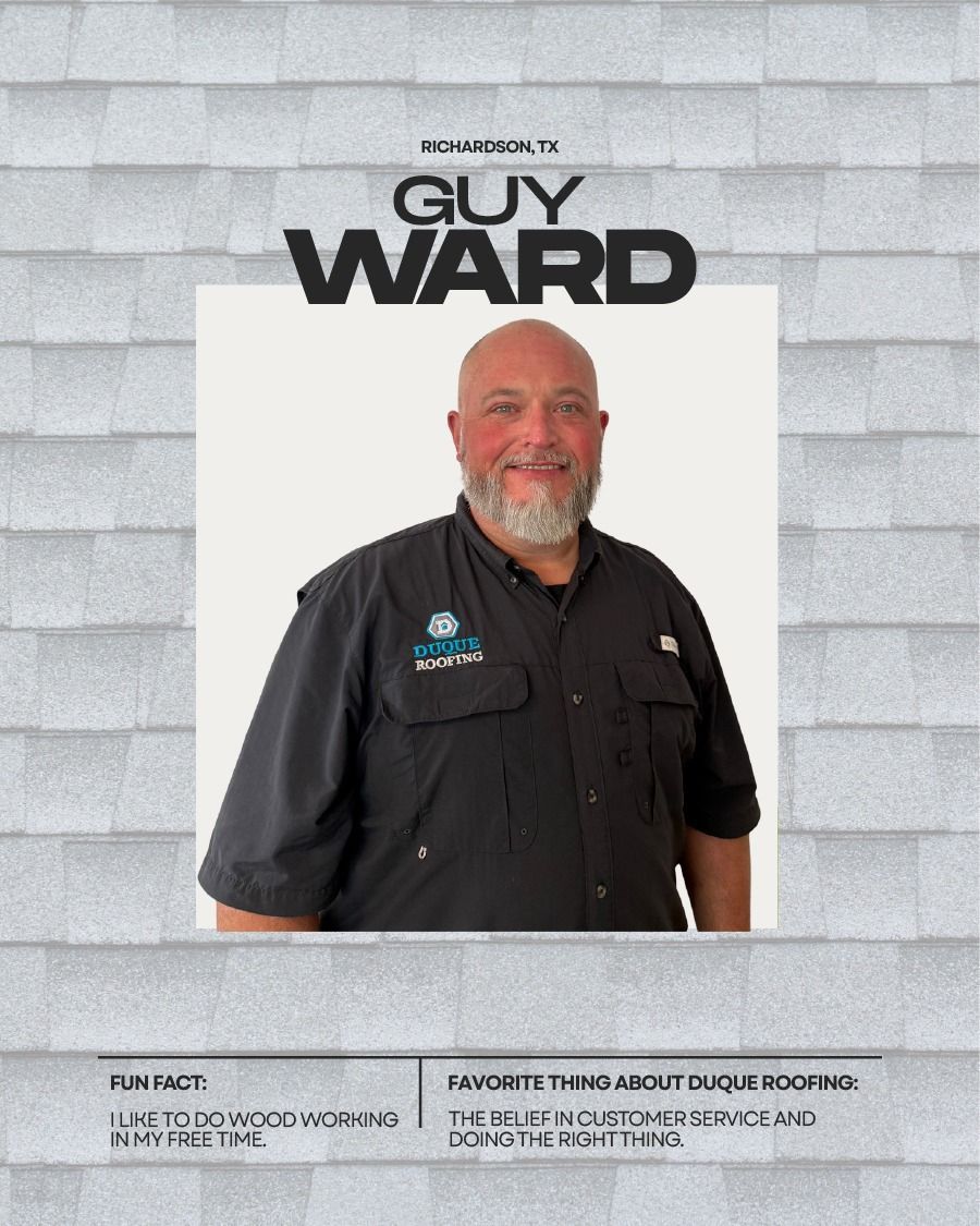 Guy Ward, smiling man in black shirt with roofing background. Text includes 