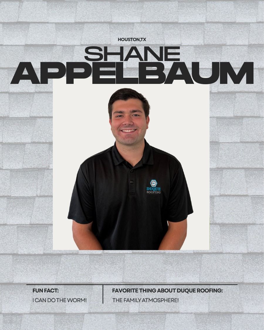 Shane Appelbaum in a black polo shirt smiles. Promotional graphic with a roof background.