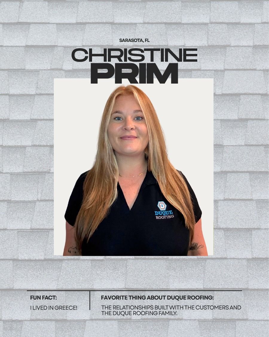 Christine Prim, with blonde hair, in a black shirt, smiling. The graphic includes text: 