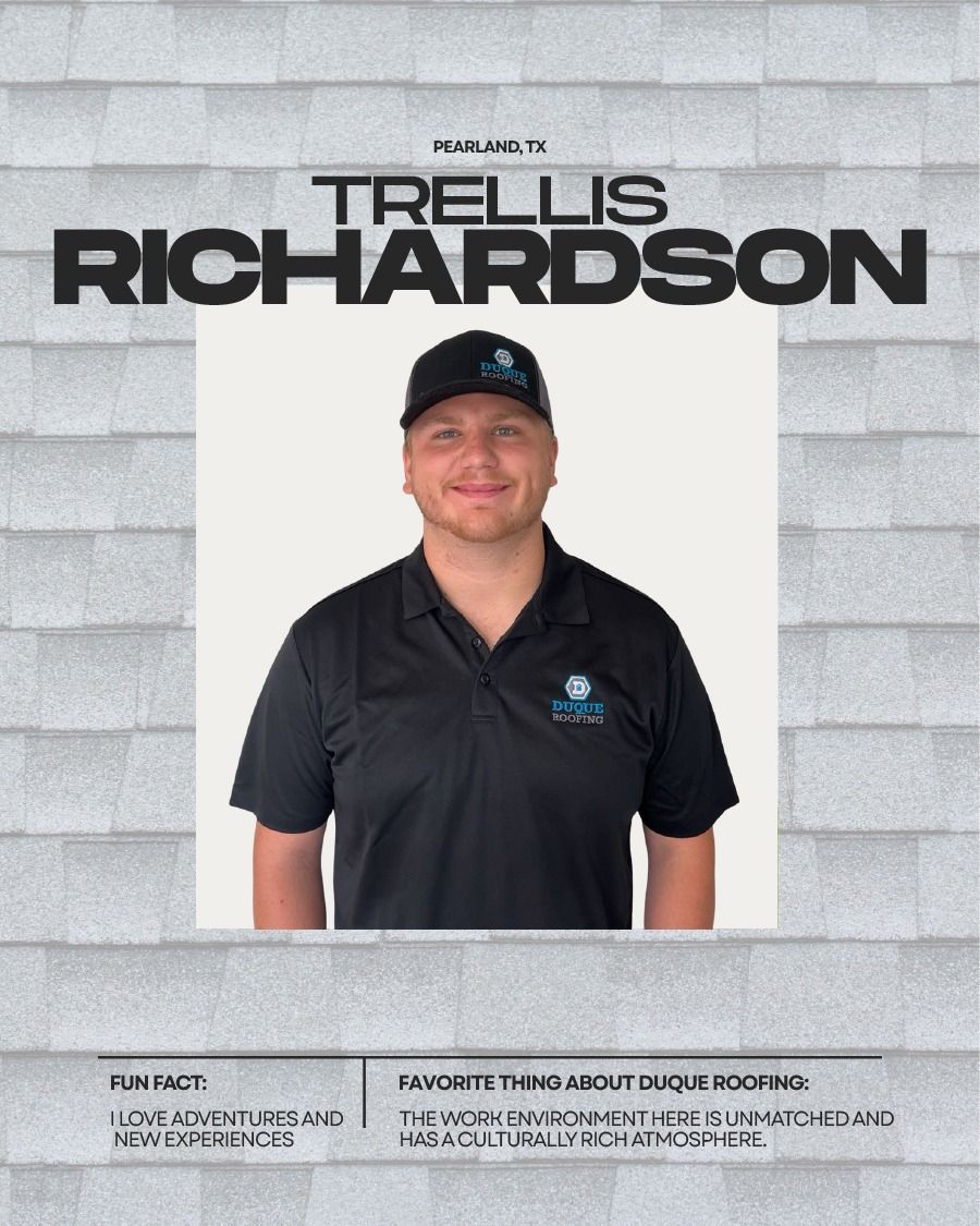 Trellis Richardson posing, wearing a black shirt and hat. Text says: Fun Fact: Born in November; Favorite thing about Dux Roofing: Team & atmosphere.