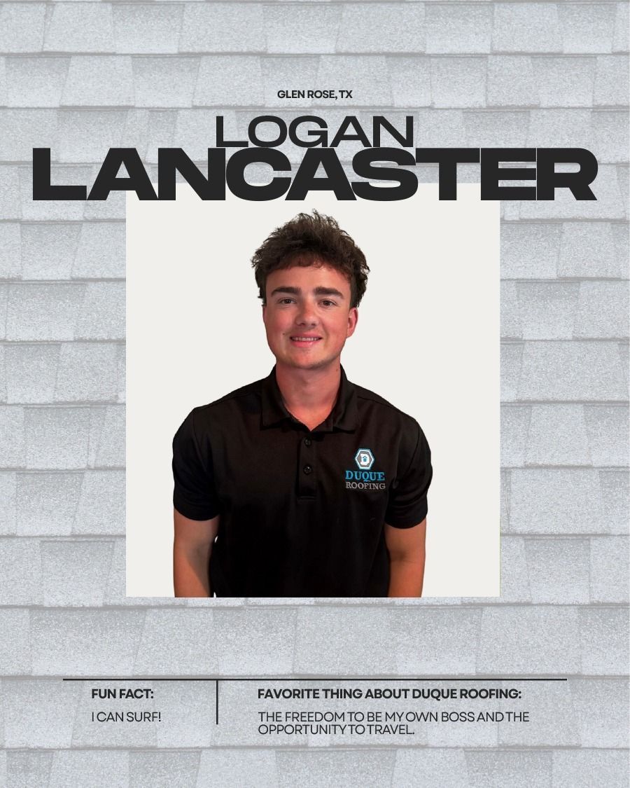 Logan Lancaster, a smiling man in a black polo shirt, against a backdrop suggesting roofing.