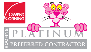 Pink Panther cartoon character holding a sign promoting Owens Corning Platinum Roofing.