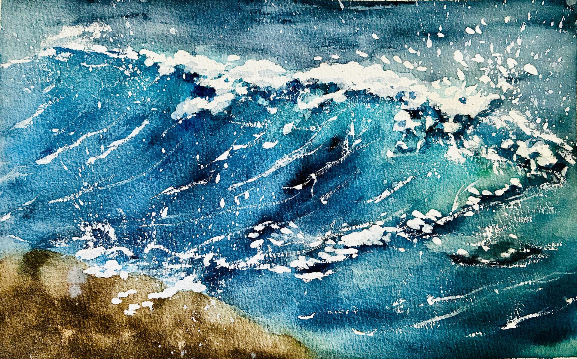 Abstracte pasteltekening met roze, blauwe en witte textuurvormen.