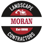 Logo: Black and red circle, "LANDSCAPE CONTRACTORS" with "MORAN" in the center and a small excavator graphic. Est. 1998.