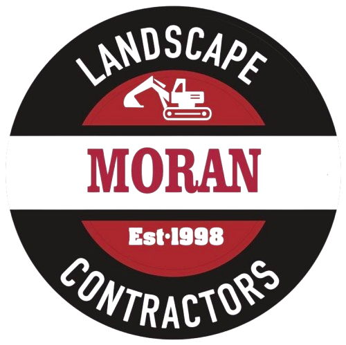Logo: Black and red circle, "LANDSCAPE CONTRACTORS" with "MORAN" in the center and a small excavator graphic. Est. 1998.