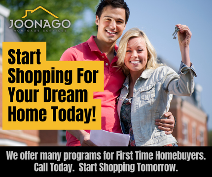 joe huljak from joonago mortgage and woman are posing for a picture with the words start shopping for your dream home today
