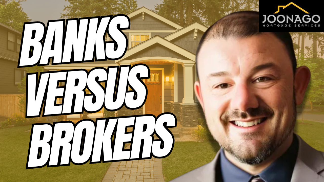 Banks versus brokers text with a smiling man in a suit and bank-building background, Joonago logo in corner