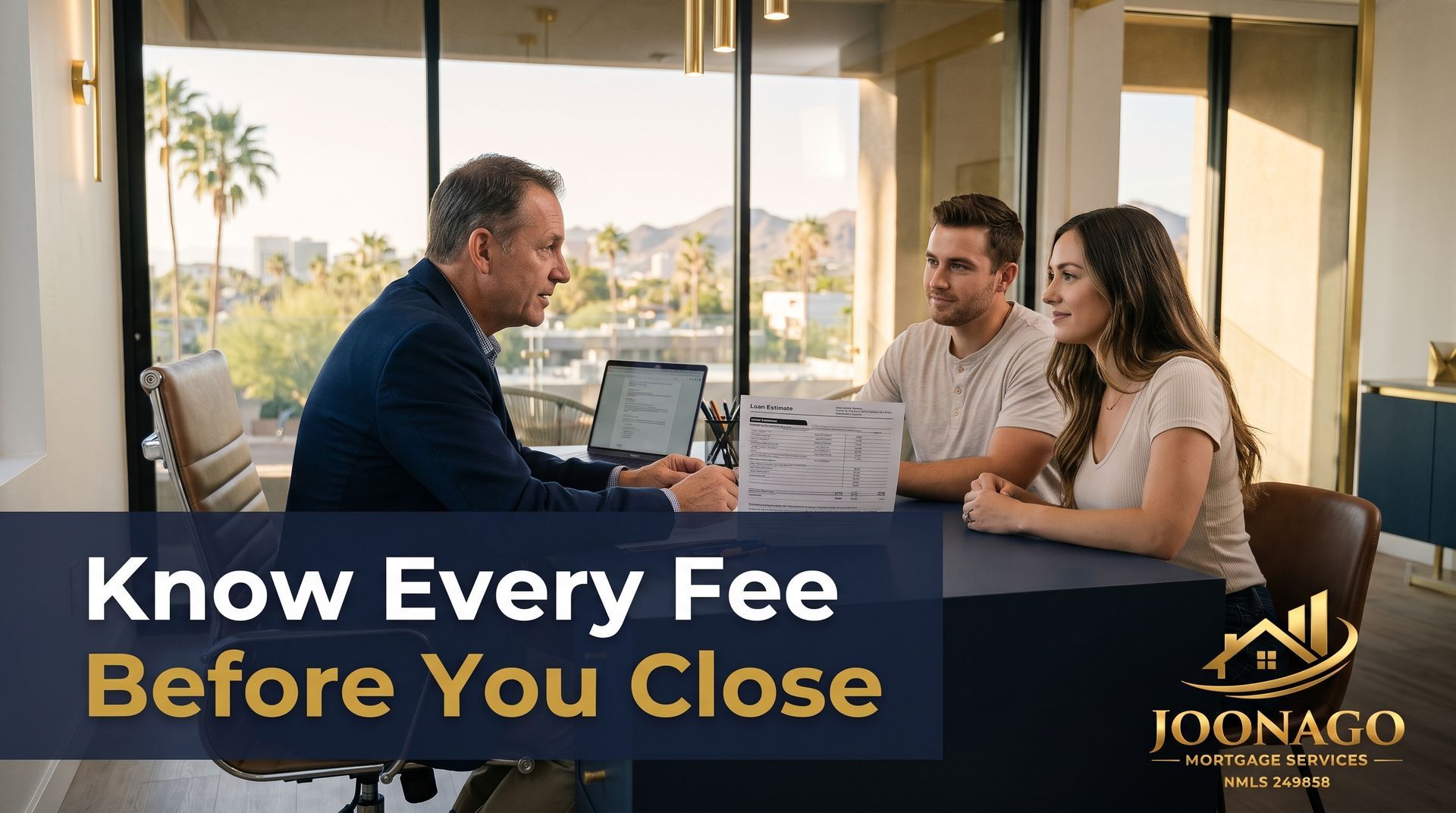 Arizona loan officer reviewing conventional mortgage broker fees and closing costs with homebuyers o