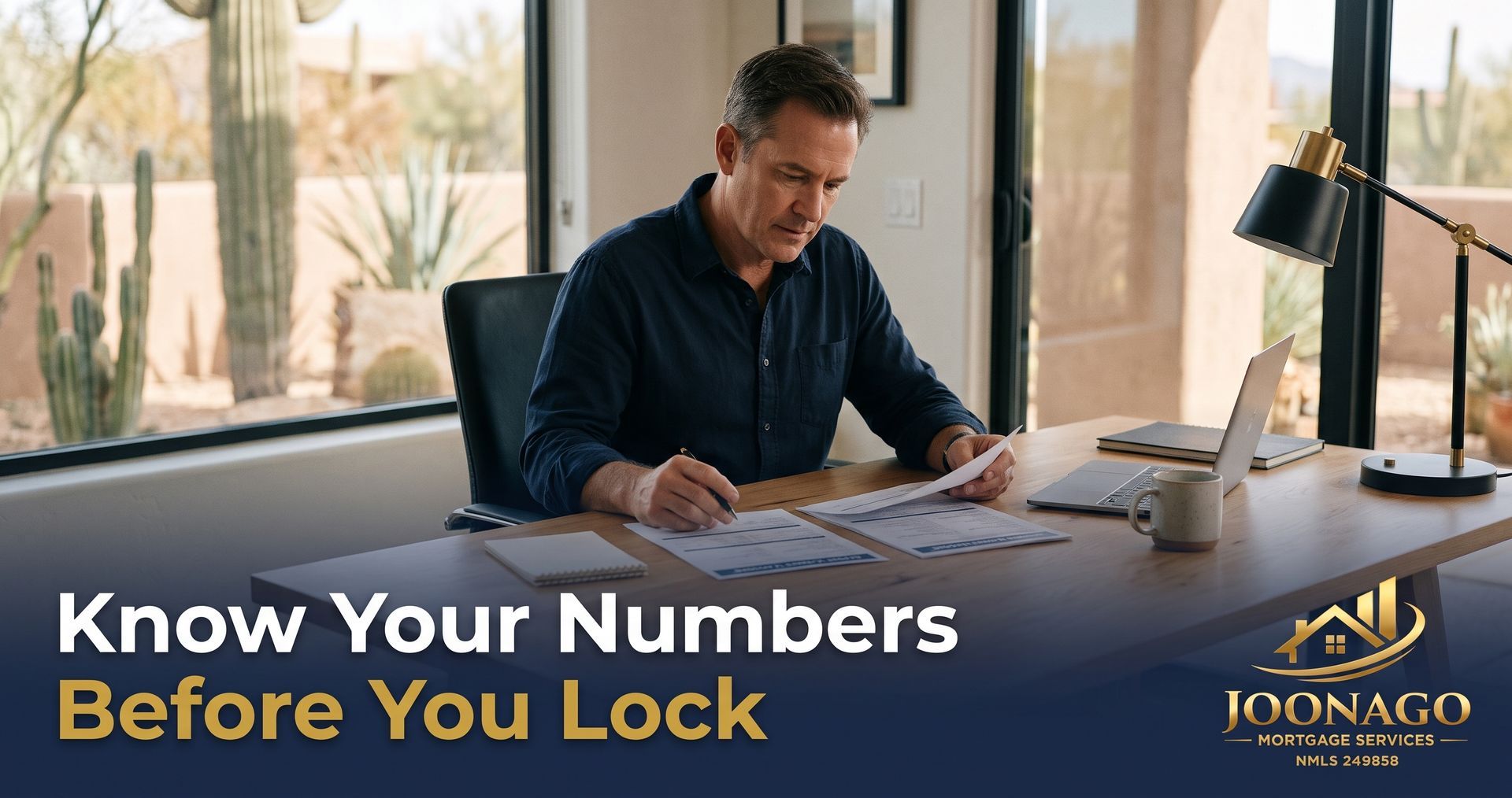 Arizona mortgage broker reviewing 15-year vs 30-year conventional mortgage loan documents at a sunli
