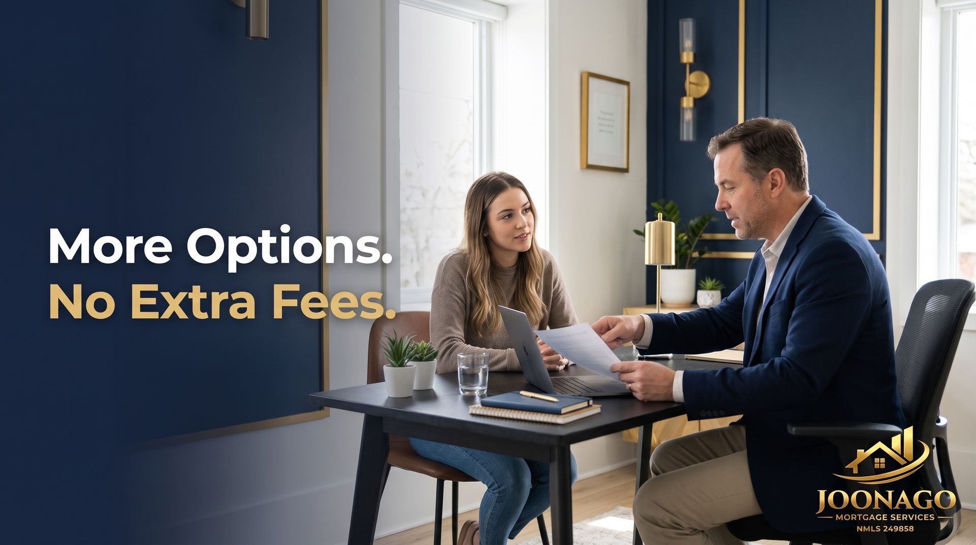 First-time home buyer reviewing mortgage options with an independent broker in a professional office