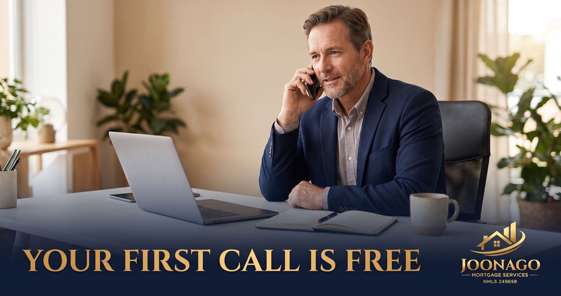 Joe Huljak at his desk taking a mortgage consultation call, helping a first-time buyer book a consul