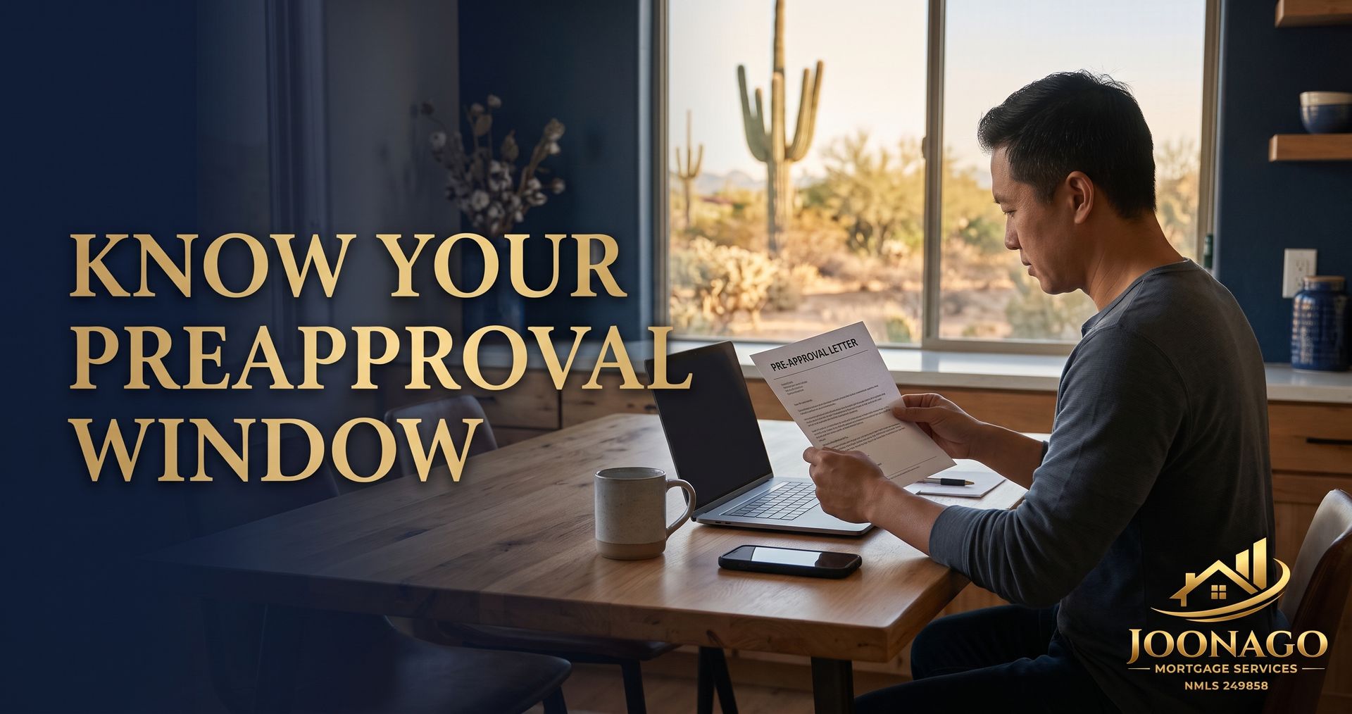 Arizona homebuyer reviewing a mortgage preapproval letter with a laptop, showing how long a mortgage