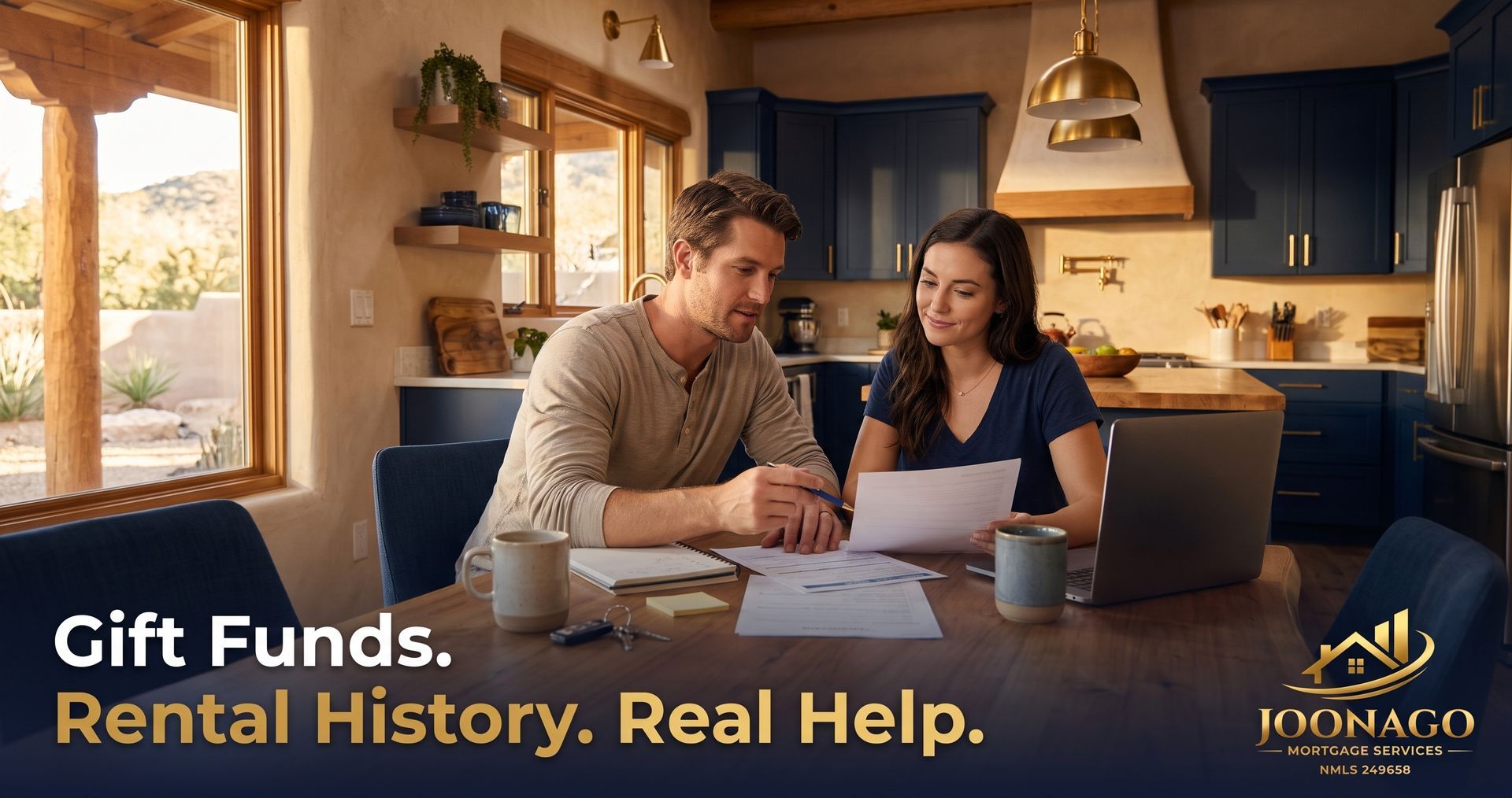 First-time buyers in Arizona reviewing mortgage documents showing gift fund and rental history quali