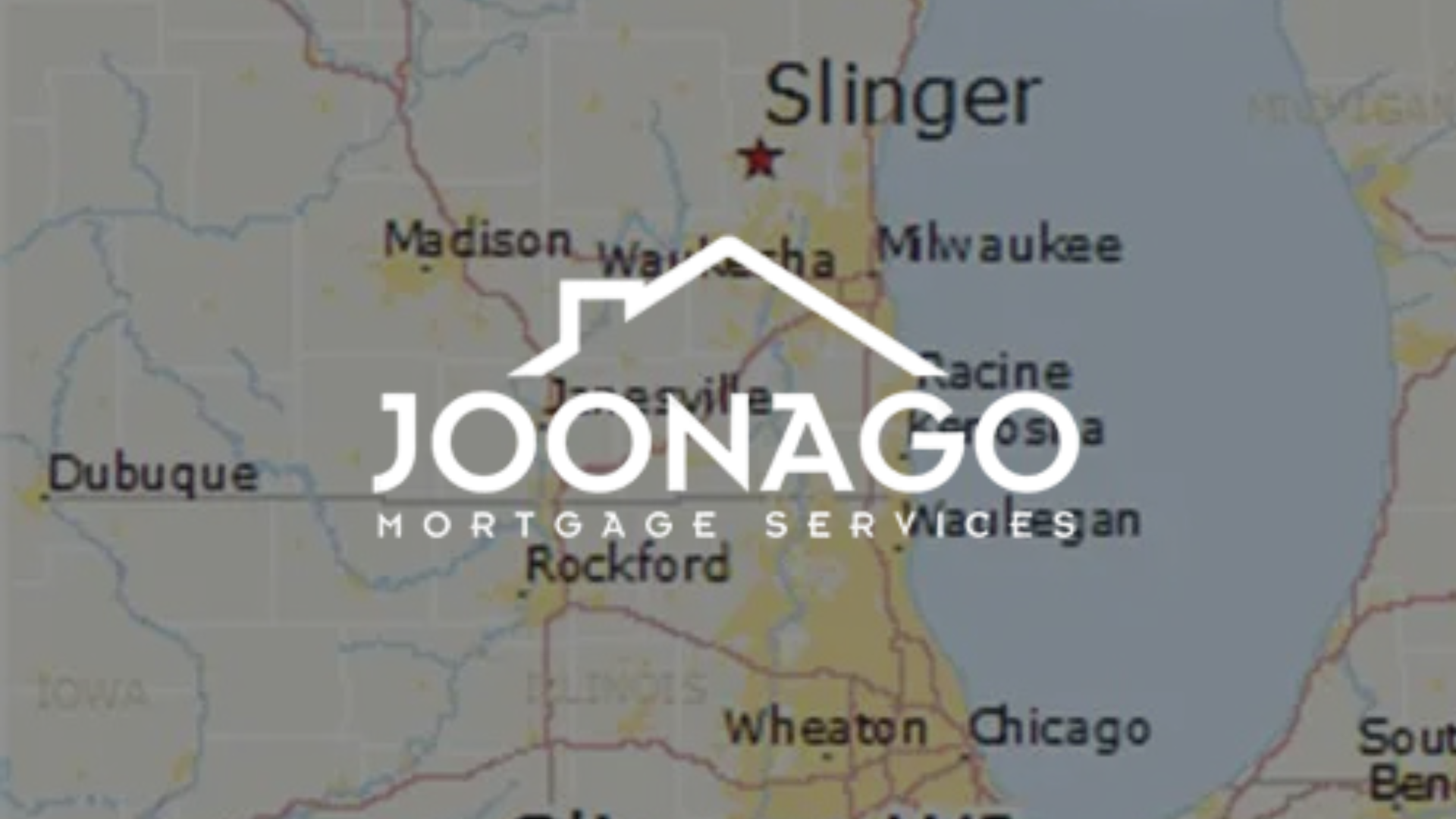 Map highlighting Slinger, WI, with the JOONAGO Mortgage Service logo overlaid.