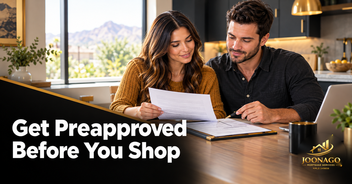 Arizona First-time home buyers reviewing mortgage preapproval documents at a kitchen table