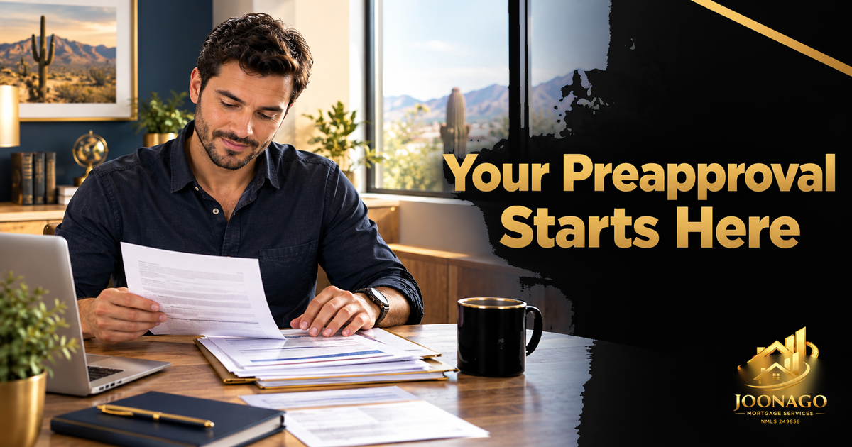 Arizona home buyer reviewing mortgage preapproval documents including pay stubs and bank statements 