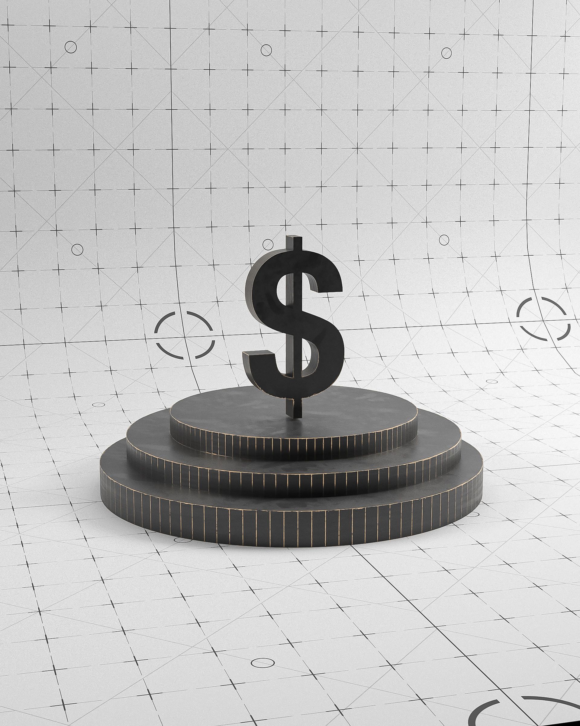 Black dollar sign standing on stacked dark coins against a light gray abstract background