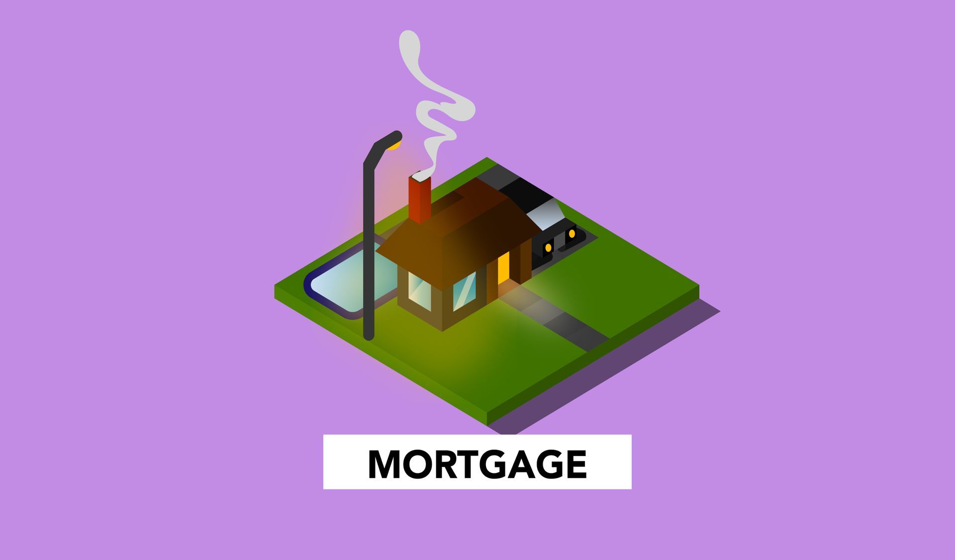 Isometric house with smoke and a label reading “MORTGAGE”