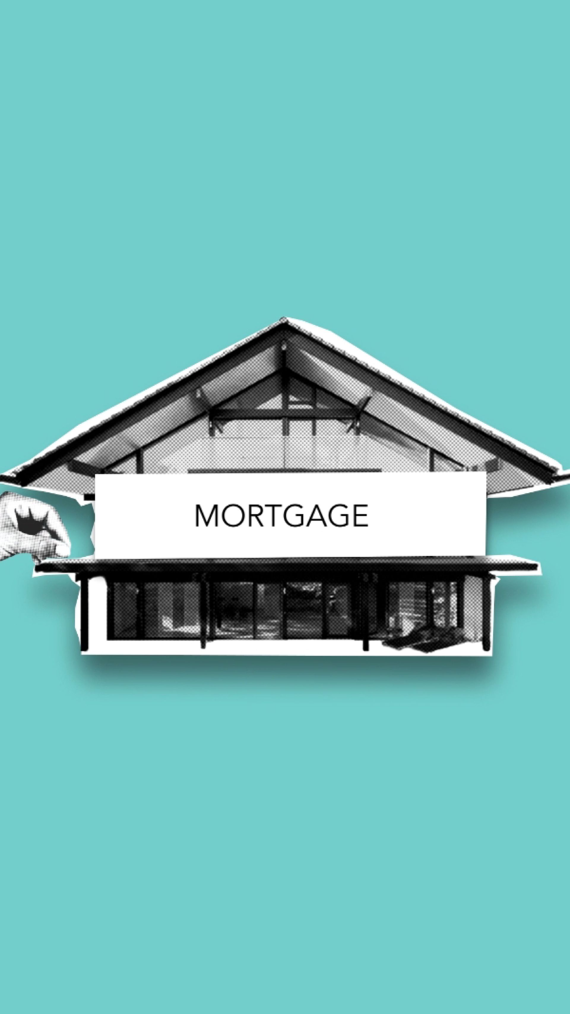 Small house icon with a white “MORTGAGE” sign on a teal background