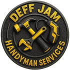 Circular logo for Deff Jam Handyman Services with gold text and tools, including a hammer and wrench, on a black background.