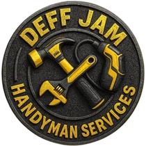 Circular logo for Deff Jam Handyman Services with gold text and tools, including a hammer and wrench, on a black background.