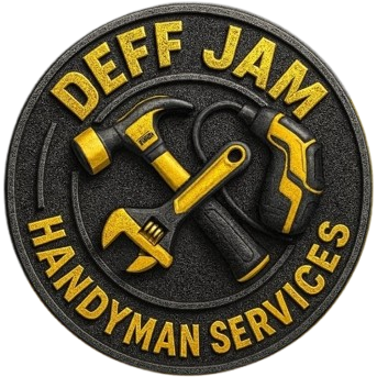 Circular logo for Deff Jam Handyman Services with gold text and tools, including a hammer and wrench, on a black background.