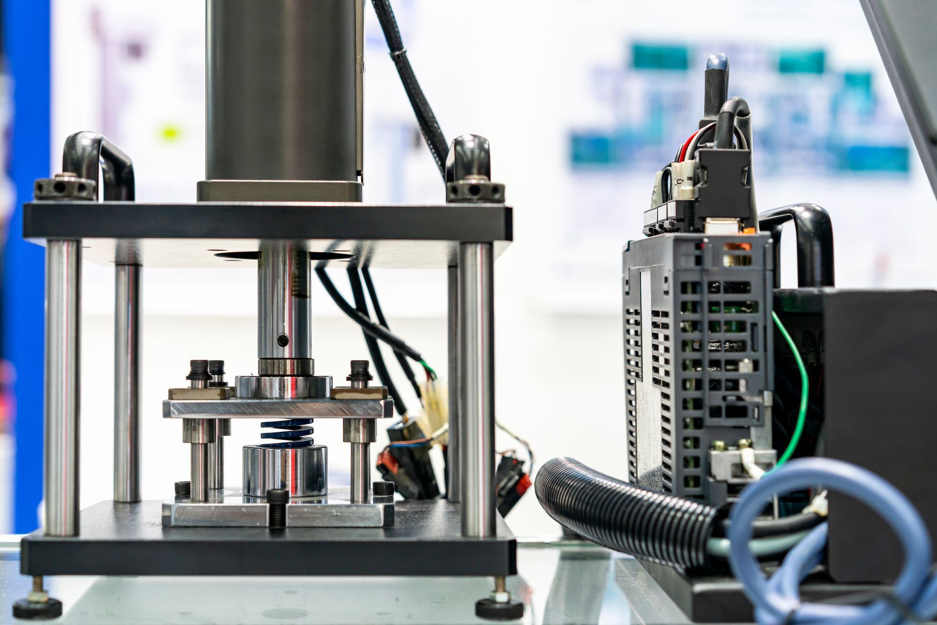 Industrial equipment with a mechanical press, a coiled spring, and an electronic control box on a laboratory bench.