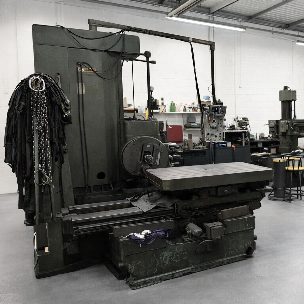 Large industrial milling machine in a workshop, with a dark green body and metal worktable.