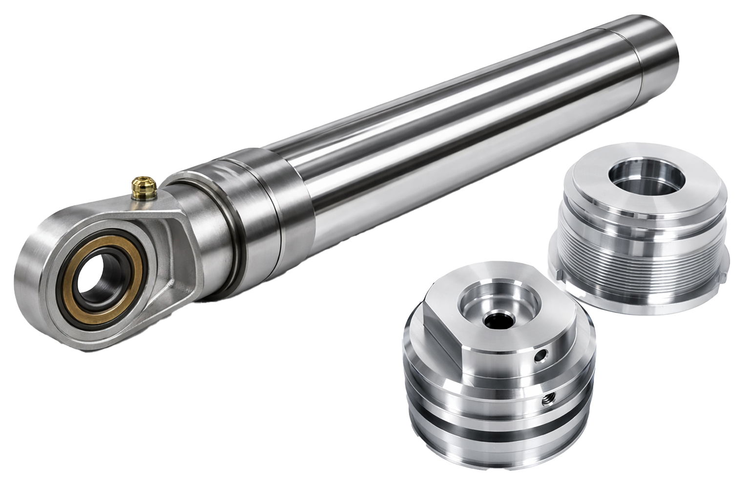 Metallic precision instrument with two threaded cylindrical adapters on a white background