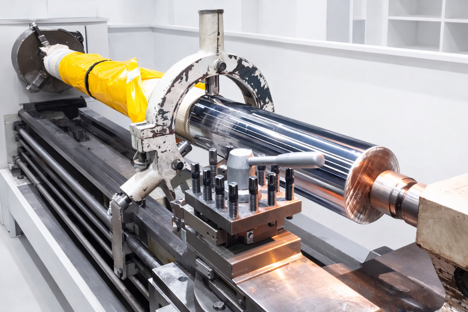 Industrial machine with a yellow and chrome cylindrical component on a metal workbench