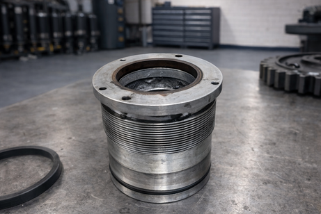 Metal threaded machine part on a workshop floor, with gears blurred in the background