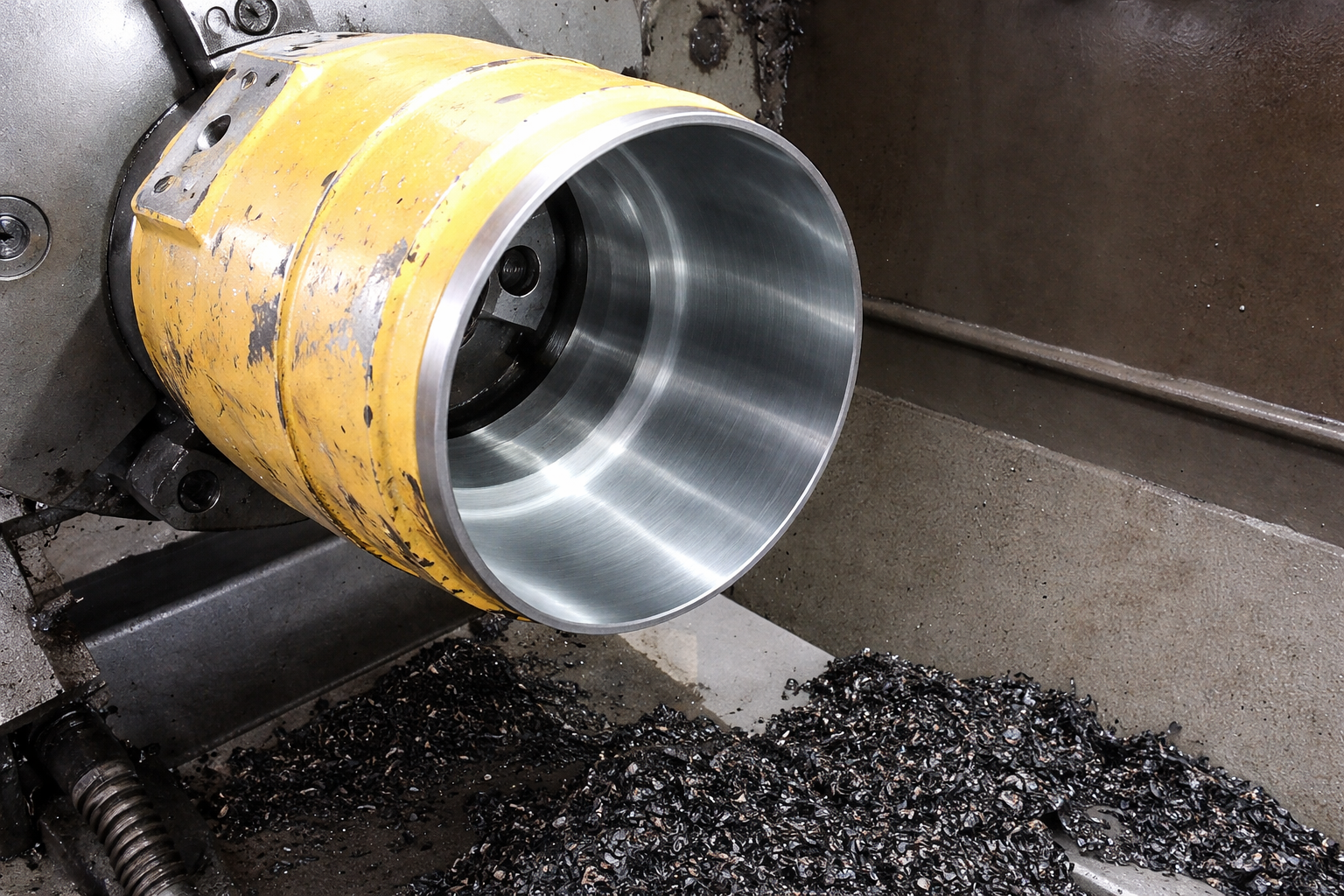 Metal lathe cutting a large yellow cylindrical workpiece, with metal shavings below