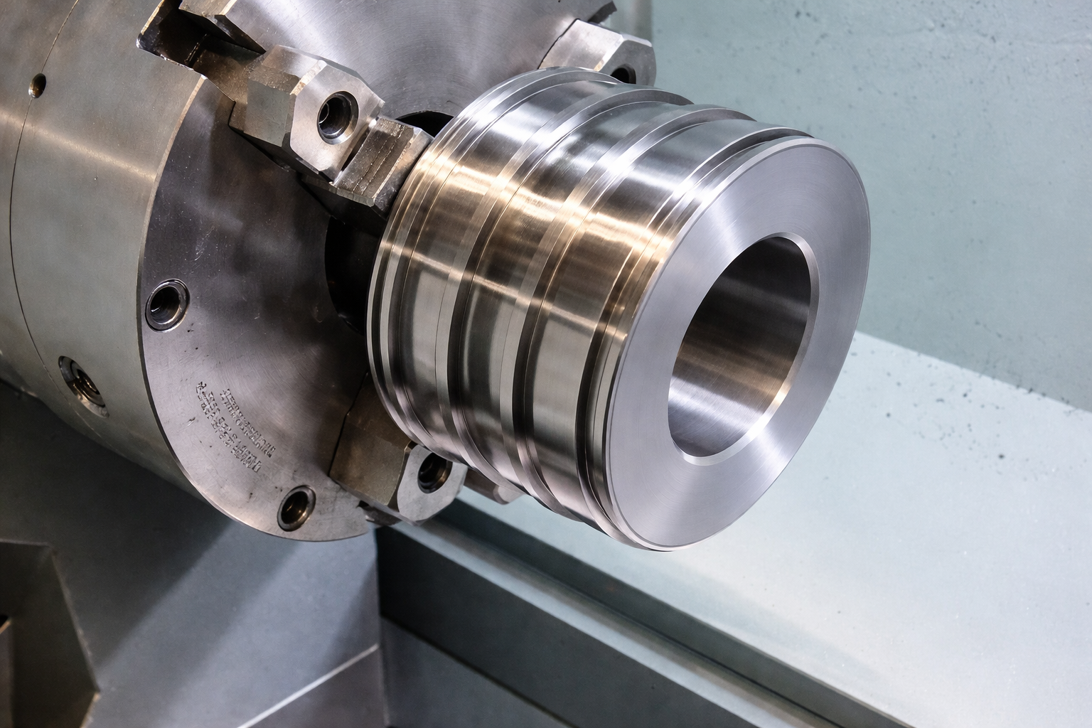Close-up of a metal lathe machining a shiny cylindrical part with a hollow center.