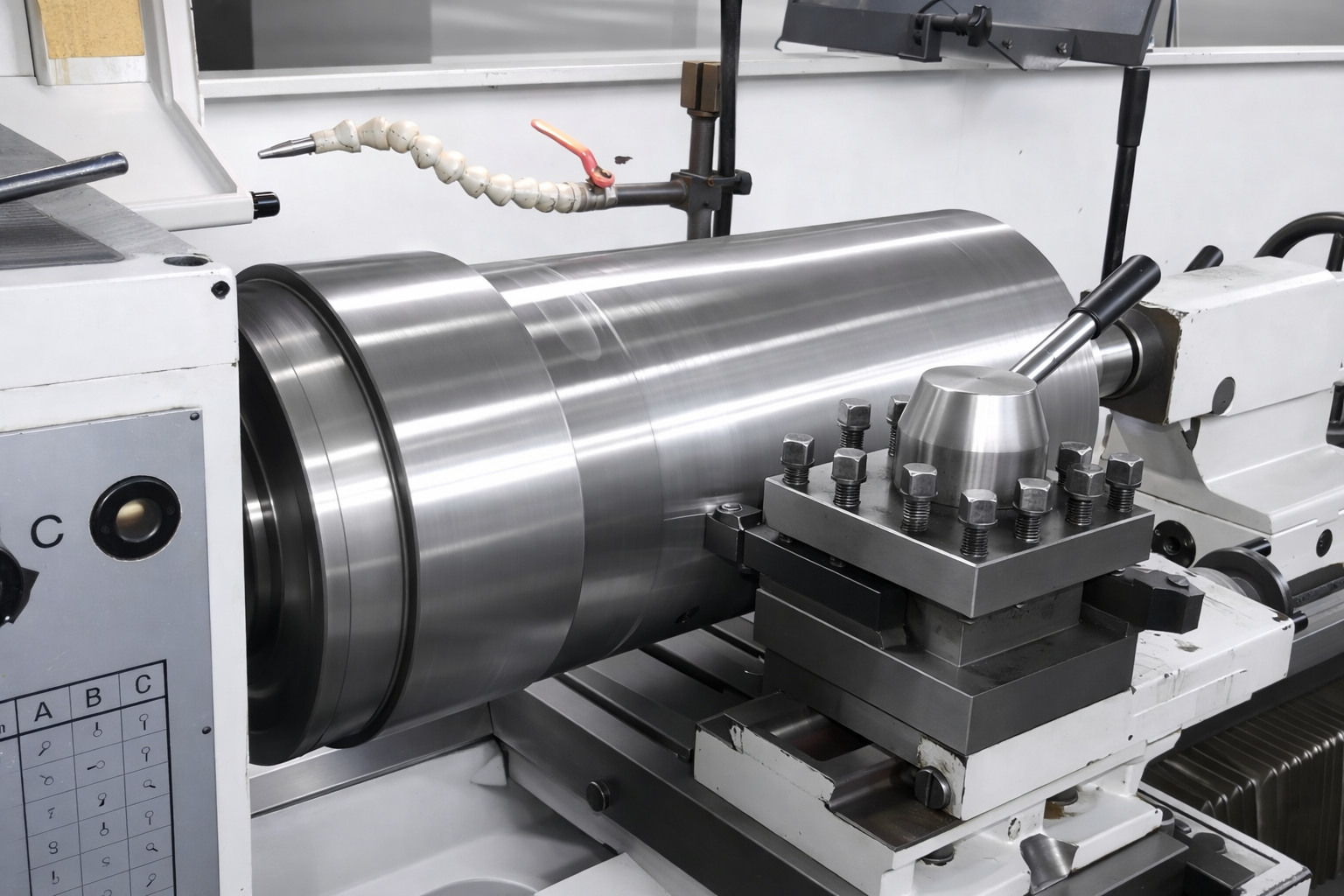 Metal cylinder being machined on a lathe with a cutting tool in a workshop
