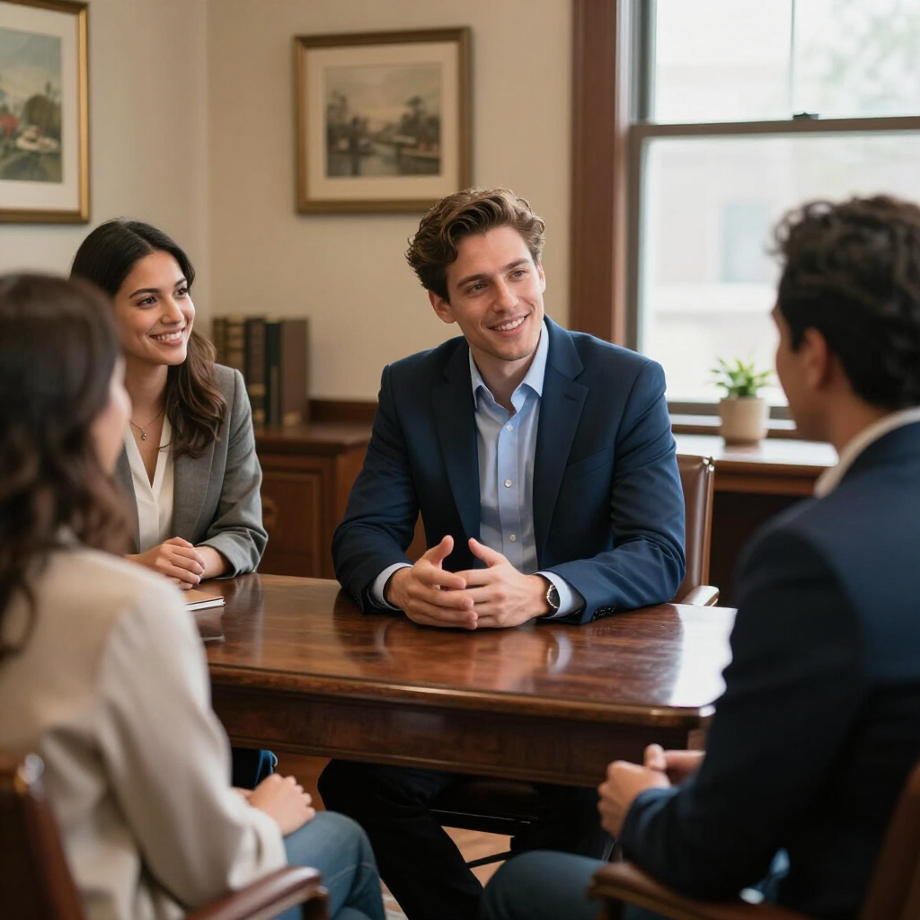 Business meeting in a bright office, with four people seated around a wooden table.