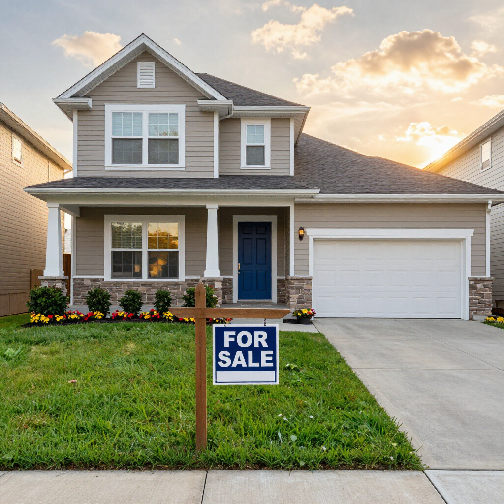 Two-story beige house with blue door and a For Sale sign in the front yard
